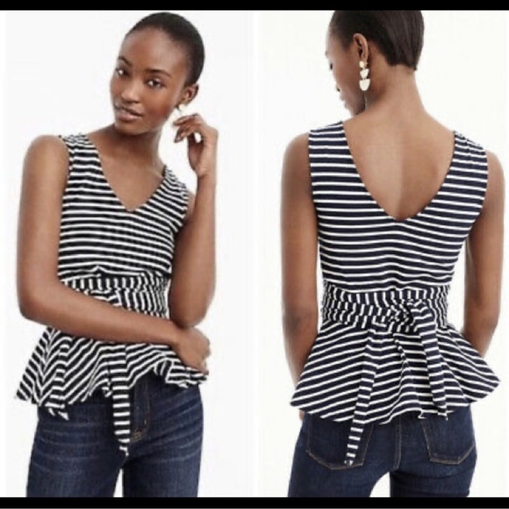 J. Crew Navy and White Striped Peplum Blouse
